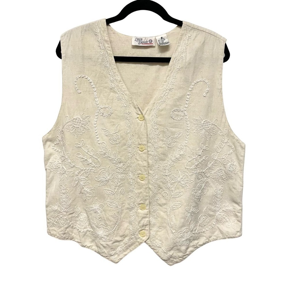 Vintage 90s Laura Daniels 1X Embroidered Floral Vest Cotton Linen Boho Lagenlook